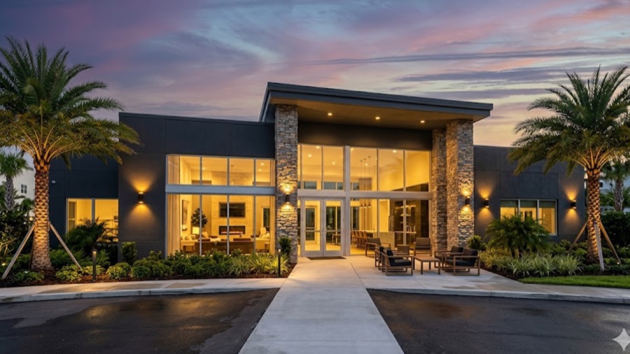 The amenities building at dusk