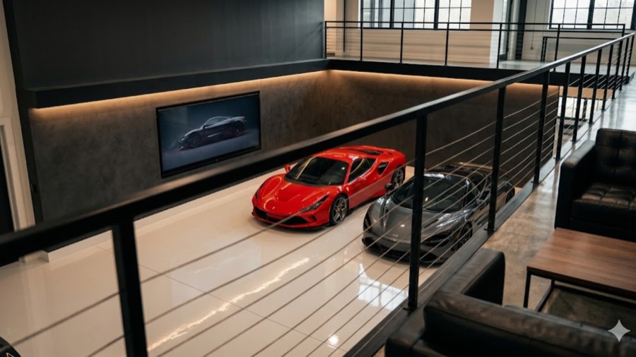 Mezzanine lounge overlooking the cars