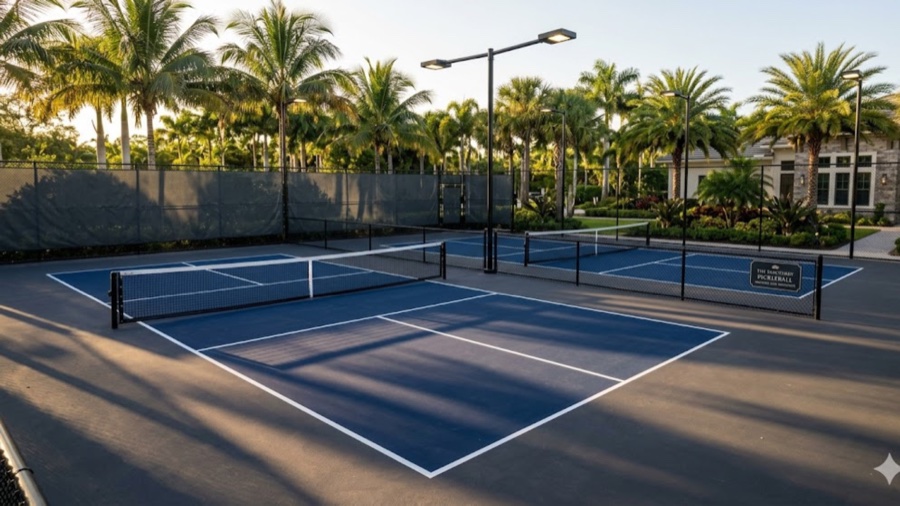 Private pickleball courts at sunset