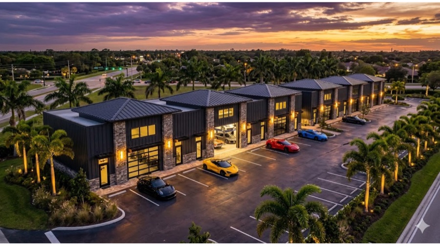 Aerial view of the units at dusk